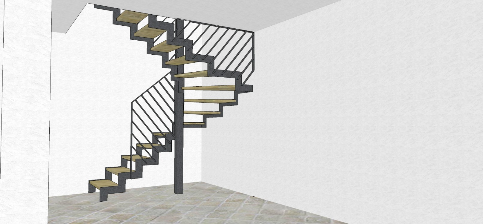 Conception 3D / escalier demi tournant fer brut patiné / marches bois balancées / limon crémaillère
