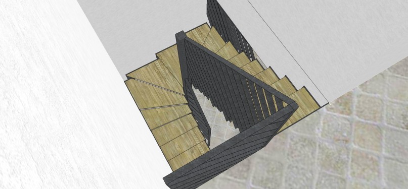 Conception 3D / escalier demi tournant fer brut patiné / marches bois balancées / limon crémaillère