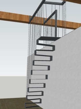Conception / Escalier suspendu pas japonais fer brut patiné