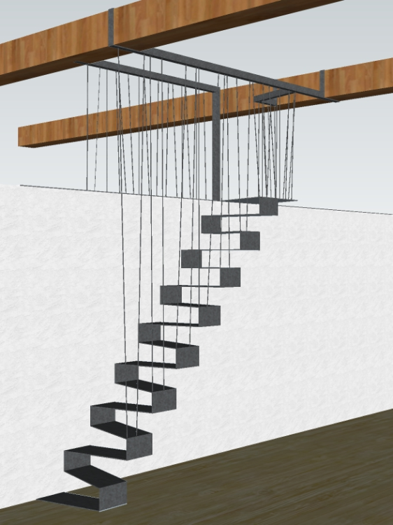 Conception / Escalier suspendu pas japonais fer brut patiné
