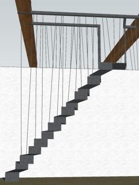 Conception / Escalier suspendu pas japonais fer brut patiné