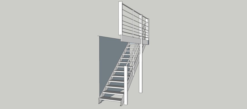Conception 3D / Escalier droit / Limon fer brut patiné / Marche frêne veiné / Garde corps fer bois