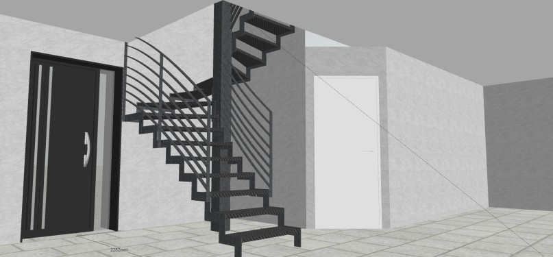Conception 3D / Escalier demi tournant / Limon crémaillère / Marches tôle larmée / Garde corps fer plat / Thermolaqué RAL 7016