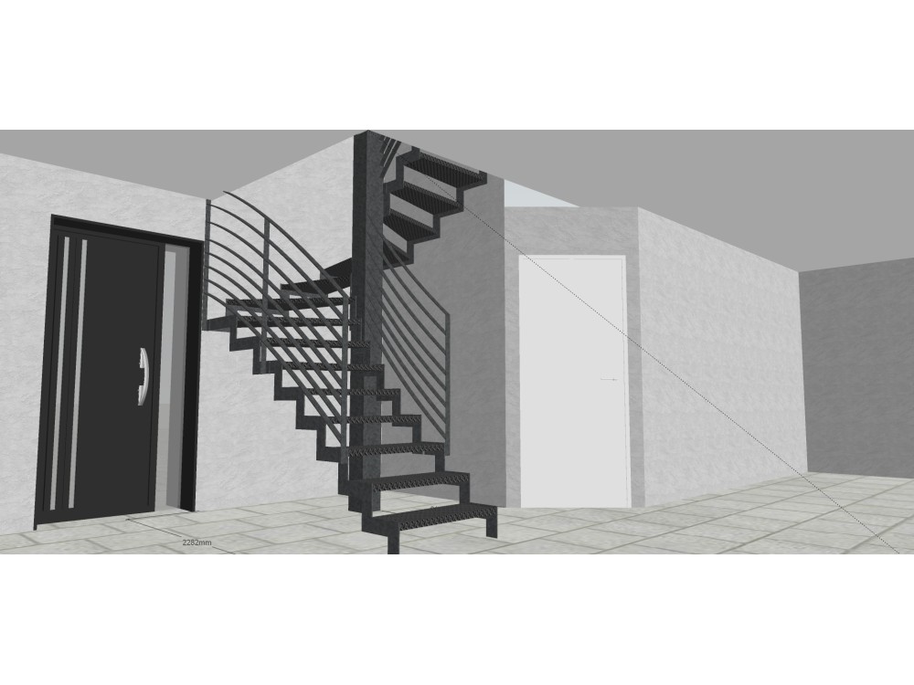 Conception 3D / Escalier demi tournant / Limon crémaillère / Marches tôle larmée / Garde corps fer plat / Thermolaqué RAL 7016