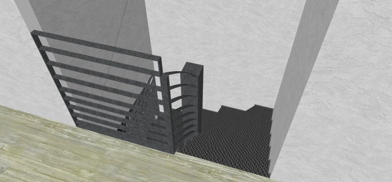 Conception 3D / Escalier demi tournant / Limon crémaillère / Marches tôle larmée / Garde corps fer plat / Thermolaqué RAL 7016