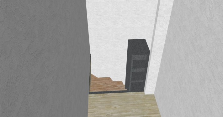 Conception 3D / Escalier fer/bois demi tournant suspendu / Marches hêtre / Bibliothèque fer brut patiné