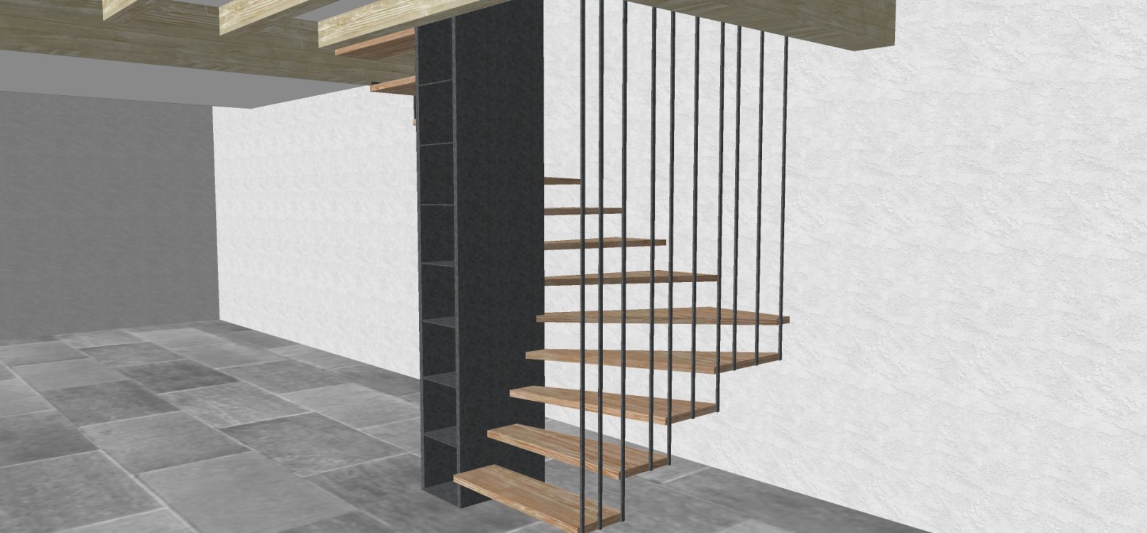Conception 3D / Escalier fer/bois demi tournant suspendu / Marches hêtre / Bibliothèque fer brut patiné