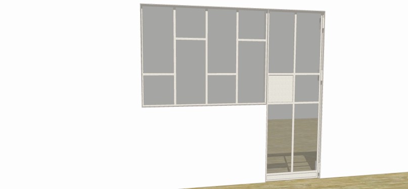 Conception 3D / Verrière type carreaux décalés / Porte battante charnières va-et-vient / Finition thermolaquée