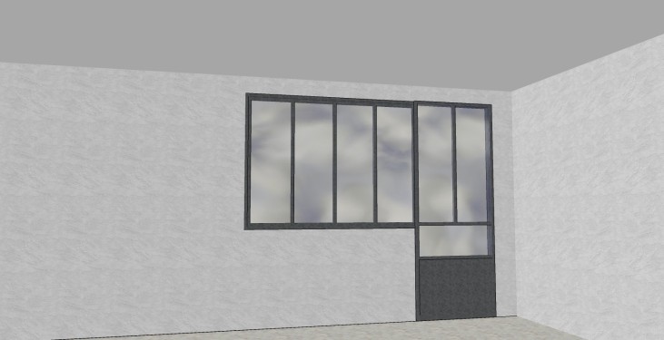 Conception 3D / Verrière type industriel / Porte coulissante à galandage / Finition thermolaquée