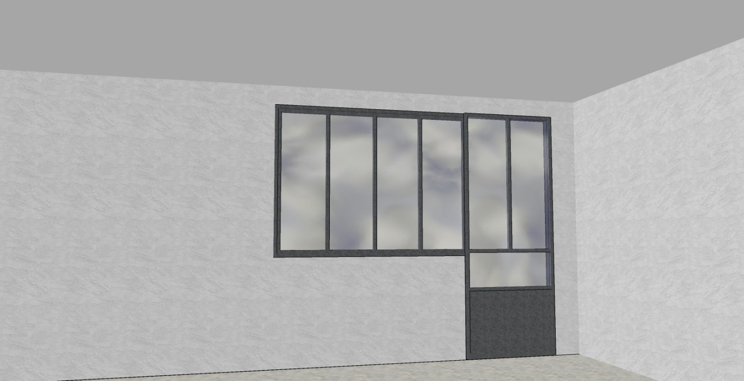 Conception 3D / Verrière type industriel / Porte coulissante à galandage / Finition thermolaquée
