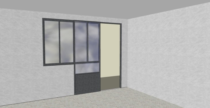 Conception 3D / Verrière type industriel / Porte coulissante à galandage / Finition thermolaquée