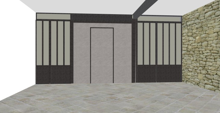 Conception 3D / Verrière style industriel / 2 portes battantes / Habillage tôle / Finition fer brut patiné