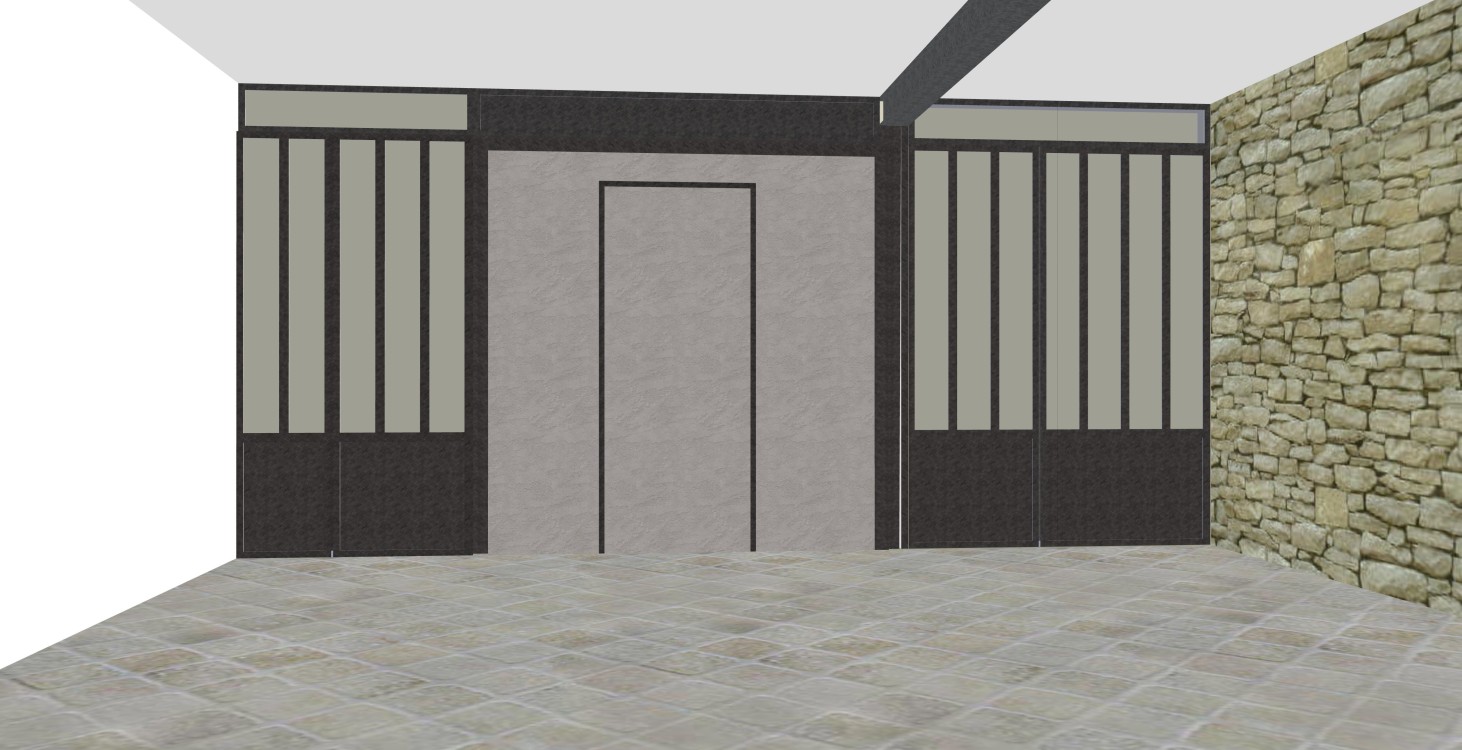 Conception 3D / Verrière style industriel / 2 portes battantes / Habillage tôle / Finition fer brut patiné
