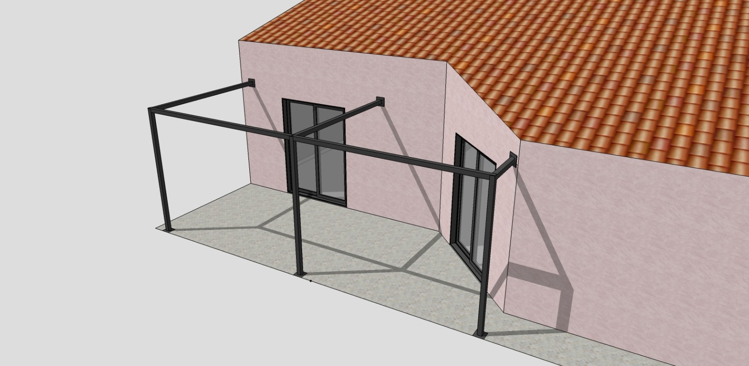 Conception 3D / Pergola style épuré / Toile d'ombrage type voile de bateau / Finition thermolaquée