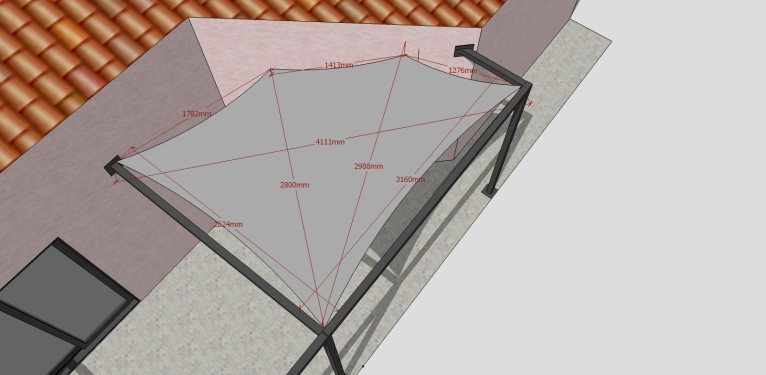 Conception 3D / Pergola style épuré / Toile d'ombrage type voile de bateau / Finition thermolaquée