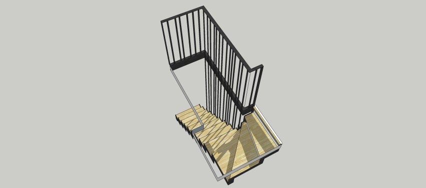 Conception 3D / Escalier fer bois quart tournant / limon crémaillère / Finition fer brut patiné