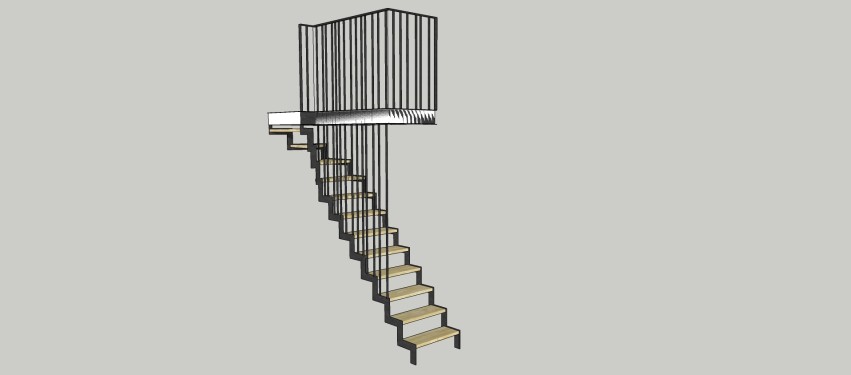Conception 3D / Escalier fer bois quart tournant / limon crémaillère / Finition fer brut patiné