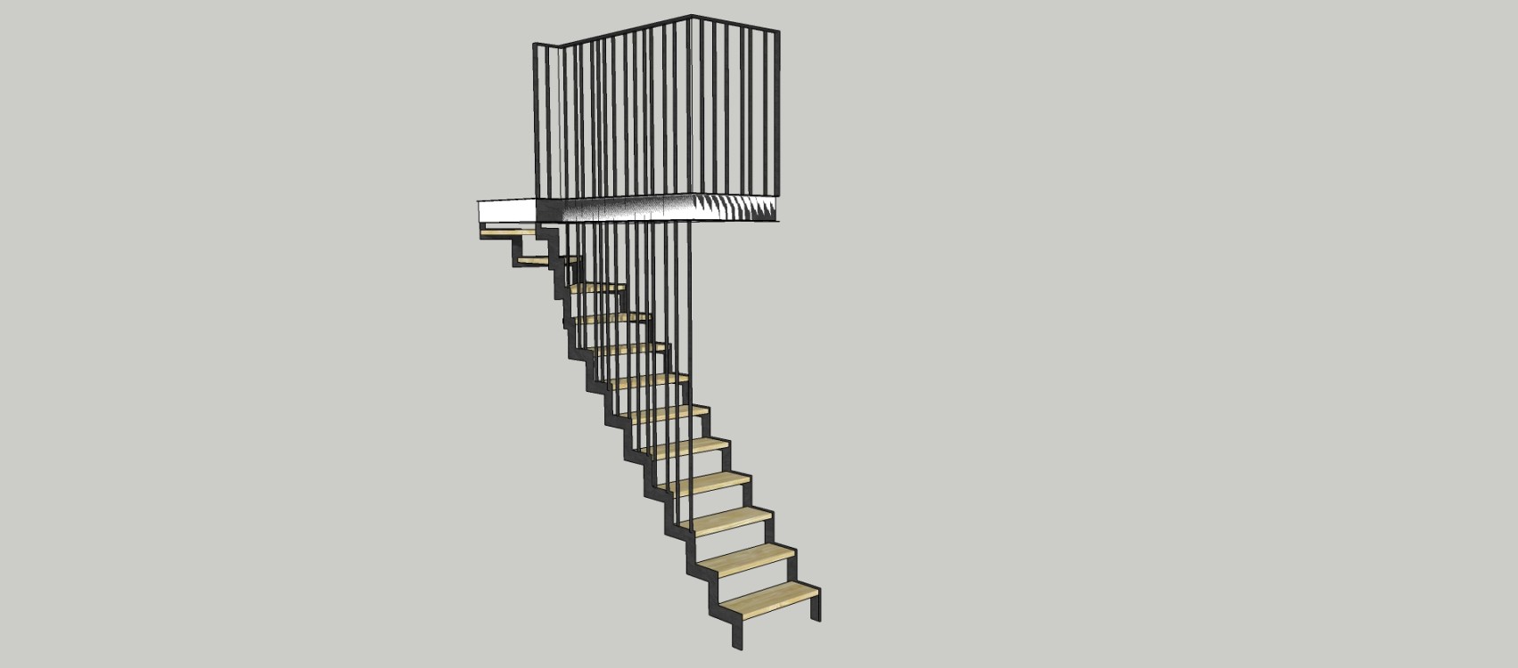 Conception 3D / Escalier fer bois quart tournant / limon crémaillère / Finition fer brut patiné