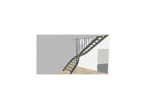 Conception 3D / Escalier fer bois quart tournant / Limons latéraux courbés / Finition fer brut patiné