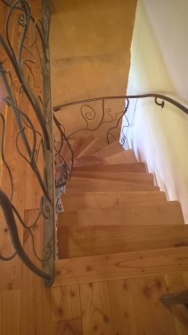 Escalier fer bois / Limon cintré / Marches platane / Décor volutes végétales aléatoires